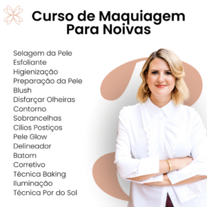 Mulher loira de cabelos curtos com um leve sorriso no rosto e braços cruzados. Utiliza uma blusa branca elegante. O fundo é branco com um detalhe de flor atrás dela. Acima da imagem a descrição: Curso de Maquiagem para Noivas.